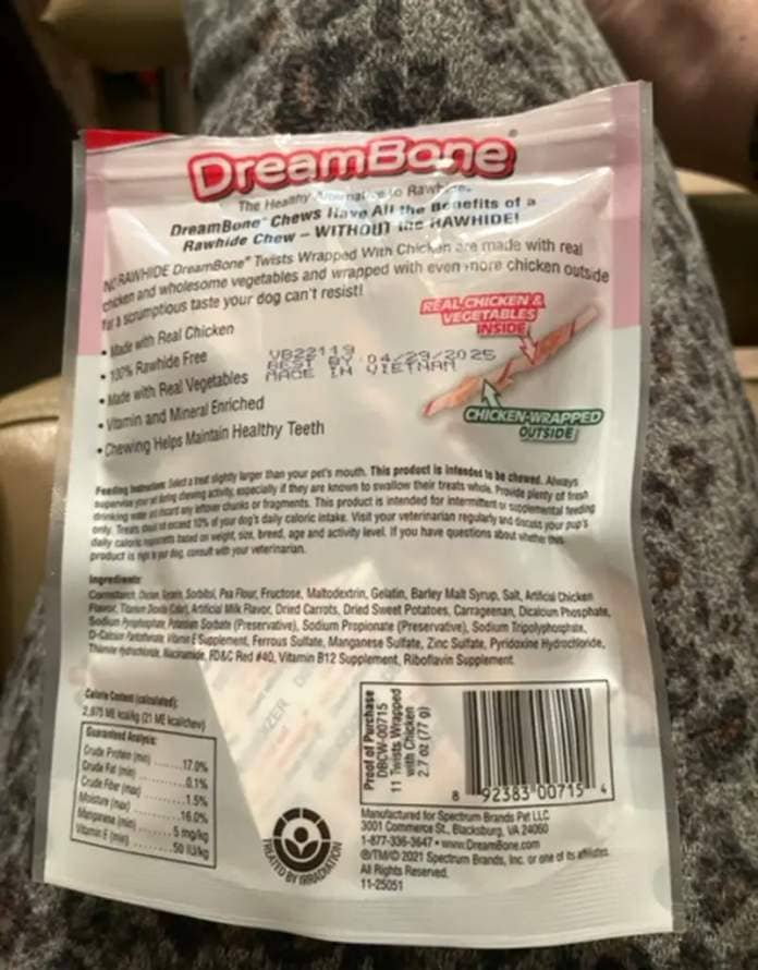 The backside of a DreamBone package.