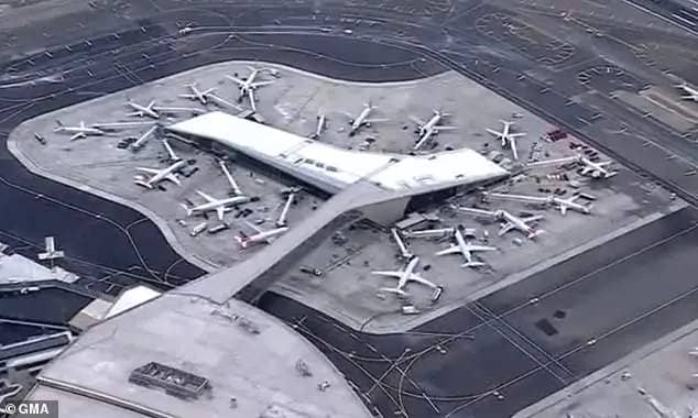 JFK: Grounded planes are shown at New York's JFK on Wednesday morning as the delays continued