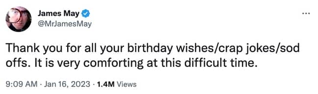 The Grand Tour presenter thanked fans for his birthday messages. Credit: Twitter