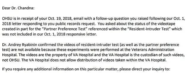 A separate email chain in October 2018 states that experiments were not done inside the university, which means OHSU did not own the footage and could not give it to PETA