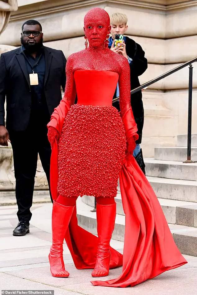 Striking: The songstress attended the Schiaparelli show in head-to-toe red body paint with 30,000 Swarovski crystals earlier this week