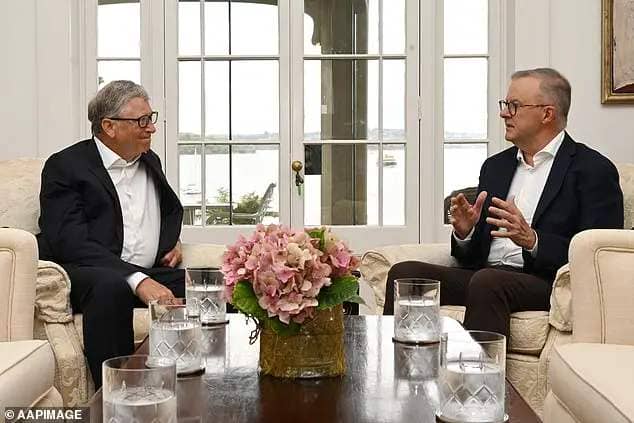 Climate change was high on the agenda when Bill Gates (left) sat down with Prime Minister Anthony Albanese (right) on Saturday