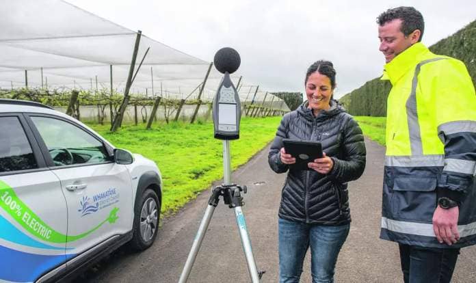 Whakatāne District Council senior policy planners Deborah Ganley and Stephen Allerby carry out monitoring of audible bird-scaring devices in spring of 2021.