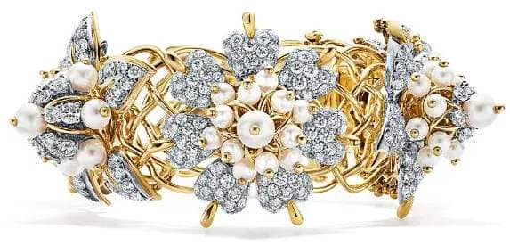 Tiffany & Co Schlumberger Corsage Bracelet in Yellow Gold and Platinum with Cultured Pearls and Diamonds