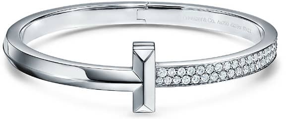Tiffany T T1 Wide Diamond Hinged Bangle in 18k White Gold - Half Pave