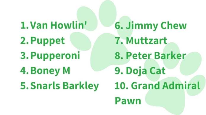 Van Howlin', Puppet, Pupperoni, Boney M, Snarls Barkley, Jimmy Chew, Muttzart, Peter Barker, Doja Cat, Grand Admiral Pawn