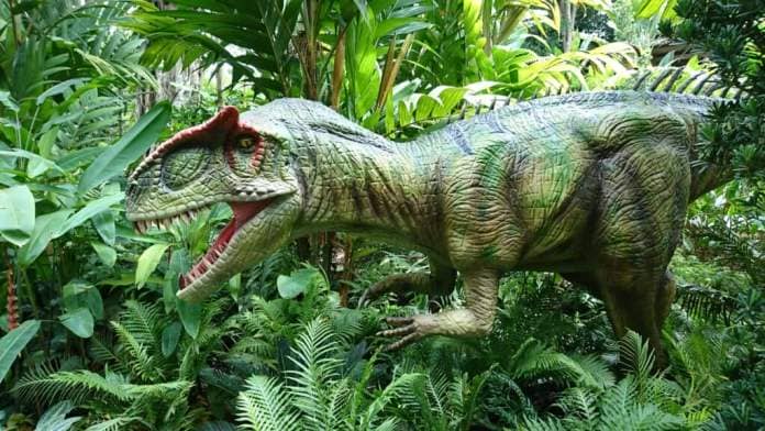 Life-size sculpture of prehistoric animals, the Allosaurus dinosaur in the Zoo-rassic park in Singapore.