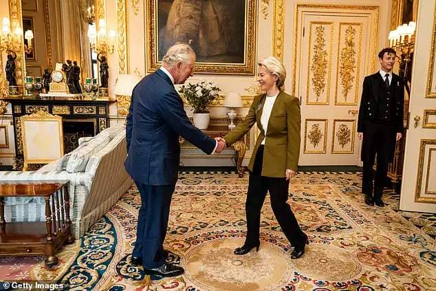 King Charles III receives European Commission president Ursula von der Leyen during an audience at Windsor Castle on February 27, 2023 in Windsor, England