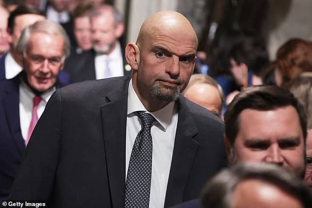 Senator John Fetterman was rushed to hospital late on Wednesday night, his spokesperson confirmed. He will stay under doctor supervision overnight as he undergoes medical testing. He is pictured during the State of the Union speech on February 7, 2023