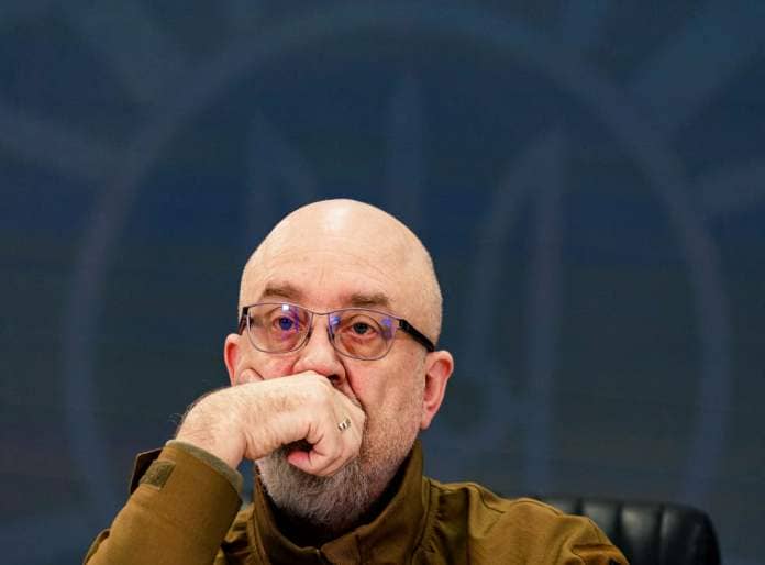 <p>Ukrainian defence minister Oleksii Reznikov looks on during a press conference in Kyiv</p>