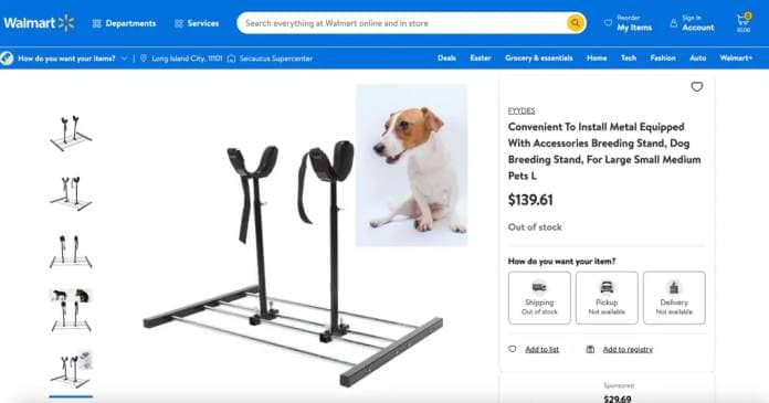 A listing for breeding restraints on Walmart.com.