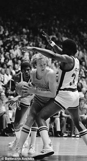 Indiana State star Larry Bird attempts to get around Michigan State forward Jay Vincent during the NCAA Final Four Championship in Salt Lake City