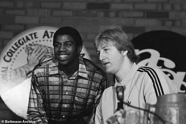 Michigan State guard Earvin Johnson and Indiana State forward Larry Bird answer questions for reporters during a press conference in Salt Lake City ahead of the NCAA title game