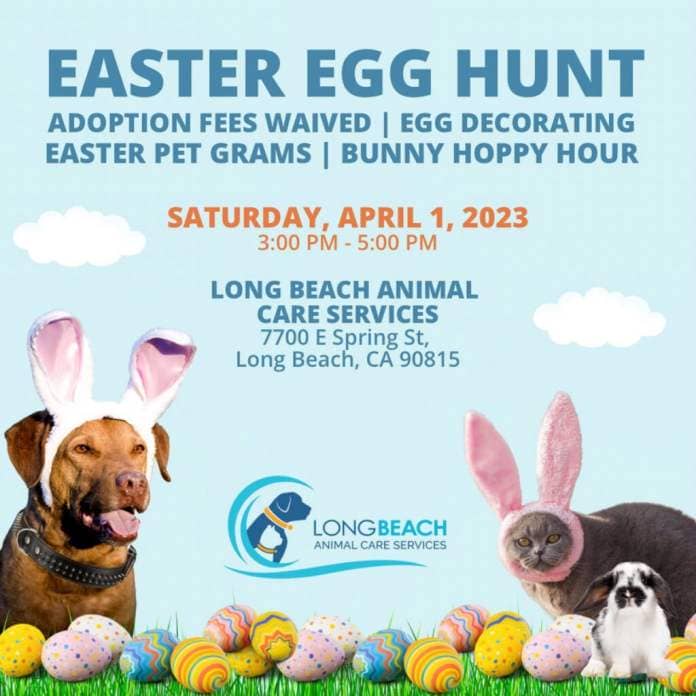 graphic showing a dog and a cat in bunny ears announcing an Easter egg hunt for April