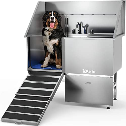 KANIS Professional Stainless Steel Dog Bathing Station - Dog Grooming Tub w/Ramp, Storage Drawer, Floor Grate & Faucet/Dog Bathtub