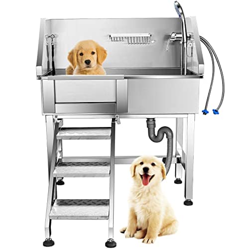 WSSEY Dog Washing Station for Small Dogs Grooming Tub 34'' Dog Bathing Station Professional Dog Wash Station Pet Bathtub for Home with Sliding Door, Faucet, Steps