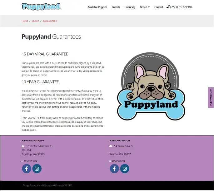 Photo from the Pupplyand website showing its advertised health guarantees.