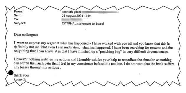Gauci&rsquo;s e-mail to HSBC colleagues apologising for his actions. Two days later, he was fired.