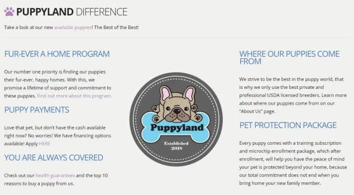 Photo of the Puppyland website noting its "Puppyland Difference."