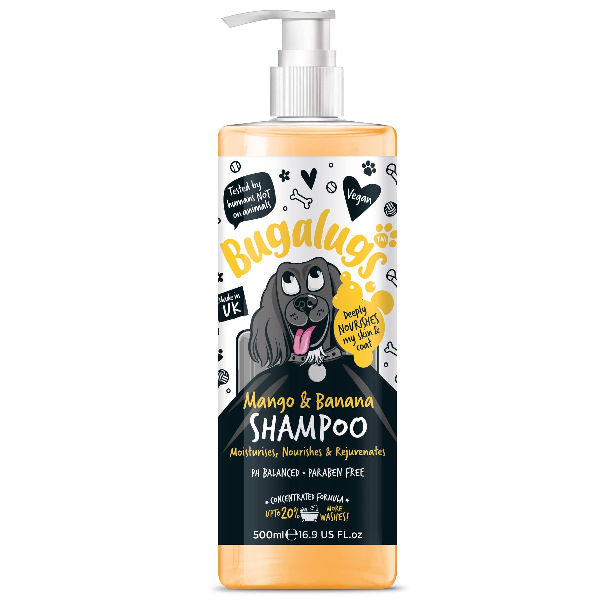 A bottle of BUGALUGS Dog Shampoo Tropical Mango & Banana