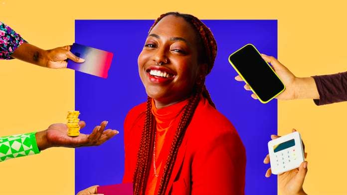 Collage of a woman smiling amongst hands holding coins, calculators, cards, and phones.