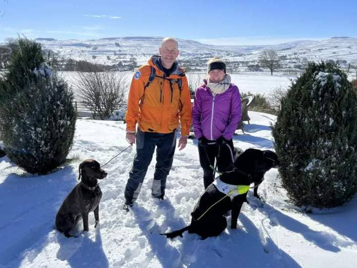Pictured: Phil Spencer & Libby Clegg with dogs Luna, Bramble & Hatti at Simonstone Hotel - Great British Dog Walks with Phil Spencer (Channel 4)