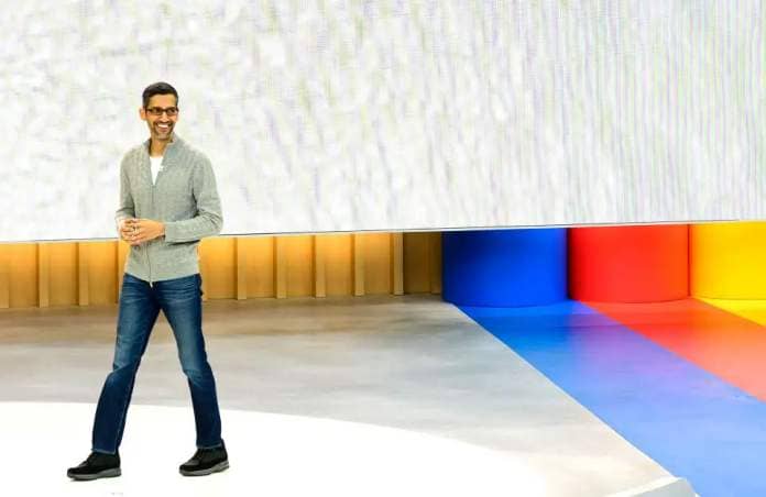 Google CEO Sundar Pichai speaks on-stage during the Google I/O keynote session at Shoreline Amphitheatre in Mountain View, California, on May 10, 2023. (Photo by Josh Edelson / AFP) (Photo by JOSH EDELSON/AFP via Getty Images)