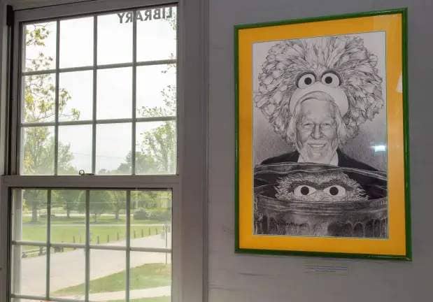 A drawing of Carroll Spinney, Big Bird and Oscar the Grouch by resident show artist, Louis Henry Mitchell, is on display at the The Life and Legacy of Caroll Spinney exhibit on display at the Woodstock Academy's Bracken Memorial Library. The exhibit is open to the public Monday to Friday 3:00 p.m. to 6:00 p.m. and Saturday 9:00 a.m. to 12 p.m. (Aaron Flaum/Hartford Courant)