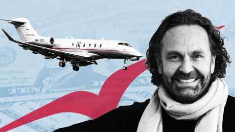 A montage of photos of Thomas Flohr and a Vistajet with the Vistajet logo and the US dollar in the background