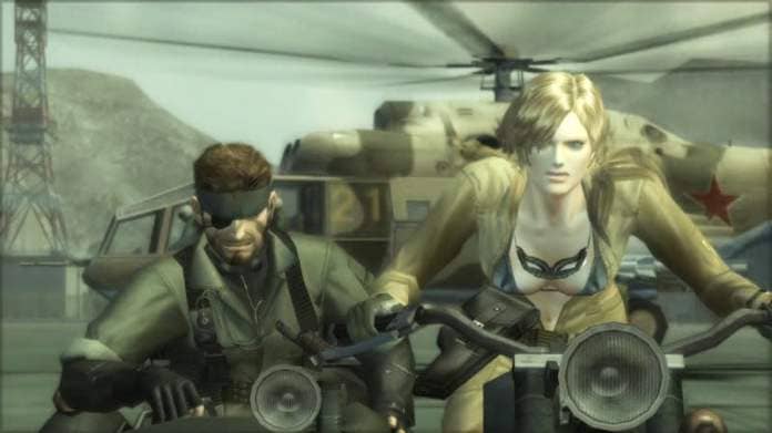 Metal Gear Solid 3&#39;s characters ride a motorcycle away from a helicopter. 