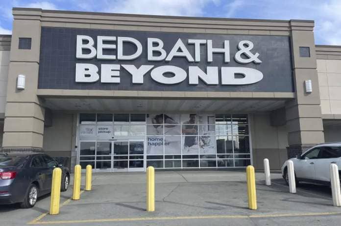 The entrance to a Bed Bath & Beyond store is seen in Anchorage, Alaska, on Sunday, April 23, 2023. One of the original big box retailers, the company filed for bankruptcy protection on Sunday, following years of dismal sales and losses and numerous failed turnaround plans. (AP Photo/Mark Thiessen)