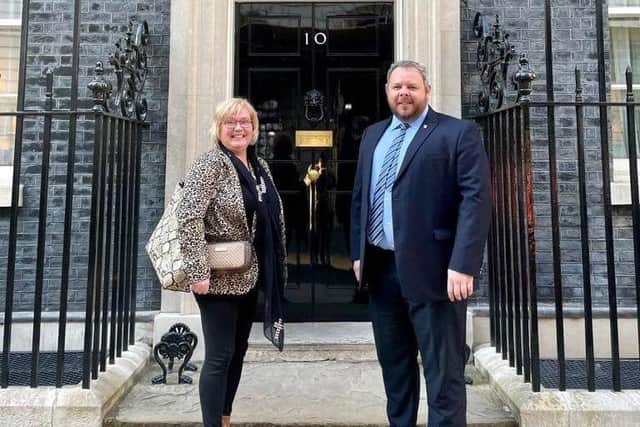 Reporter Sue Plunkett attended a local media champions' reception at Downing Street after being nominated by Burnley MP Antony Higginbotham