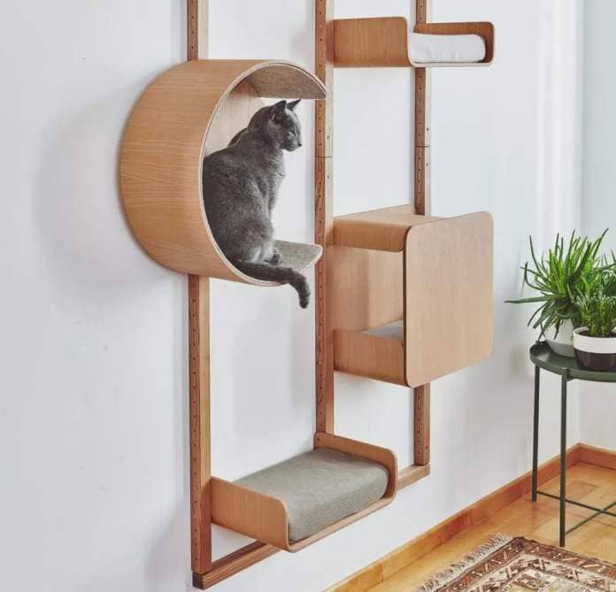 A wall-mounted, Alto unit designed with Danish studio Hans Thyge & Co that’s part-stylish bookcase, part-elevated cat playhouse (MiaCara)