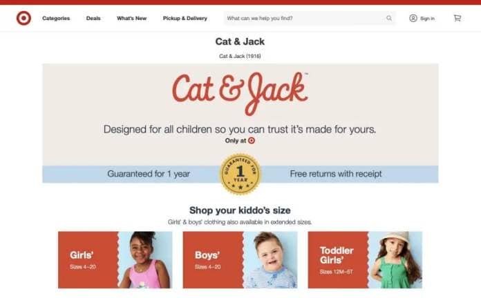 A screenshot of the Cat &amp; Jack page on Target.com