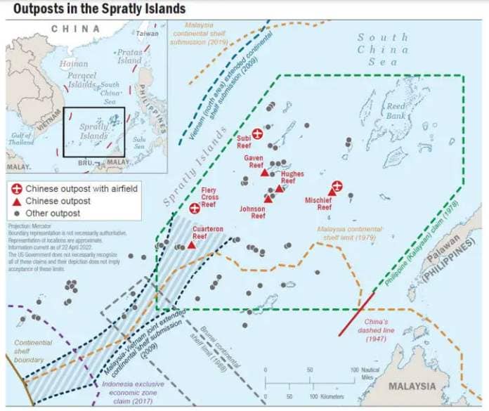 A US Department of Defense map showing island outposts belonging to China and other countries just in the Spratly Islands chain at the southern end of the South China Sea. <em>DOD</em>