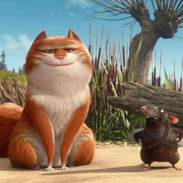 a cat talks to a rat in a scene from the amazing maurice, a good housekeeping pick for best kids&#39; movies 2023