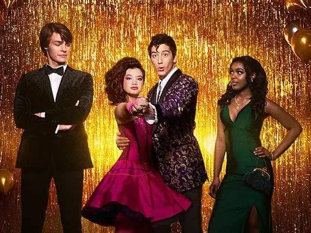 four teens pose in prom attire in front of a tinsel background in a promotional image for prom pact, a good housekeeping pick for best kids movies 2023