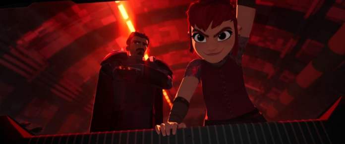a knight and nimona look serious in a scene from nimona, a good housekeeping pick for best kids movies 2023