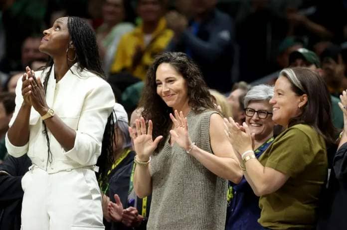 Retired WNBA superstar Sue Bird is acknowledged during a game between the Seattle Storm and the Phoenix Mercury at Climate Pledge Arena in Seattle on May 20, 2023. (Steph Chambers/Getty Images)