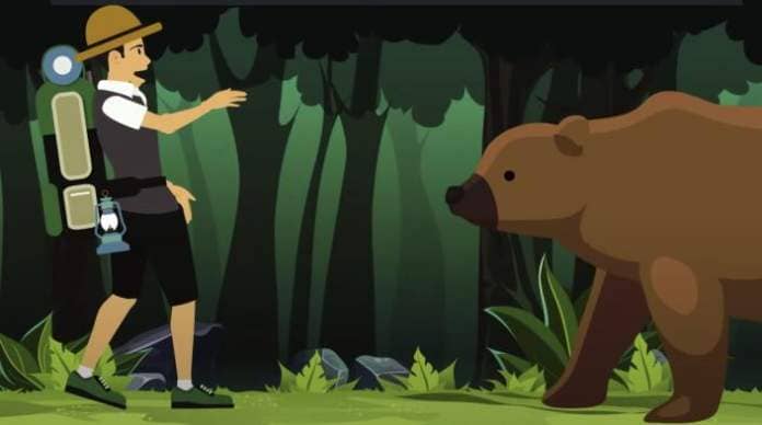 Animation of a hiker encountering a grizzly bear.