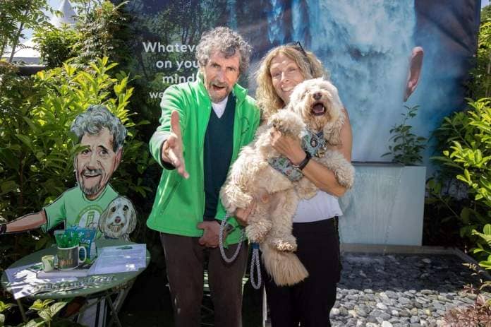 Charlie Bird with his wife Claire and dog Tiger at the Dublin Samaritans 'Whatever's On Your Mind' Postcard Garden at Bord Bia Bloom 2023. Photo: Tony Gavin