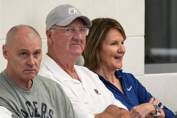 Larry Bird watches a pre-draft workout hosted by the Indiana Pacers on Friday, May 12, 2023, at the Ascension St. Vincent Center in Indianapolis.