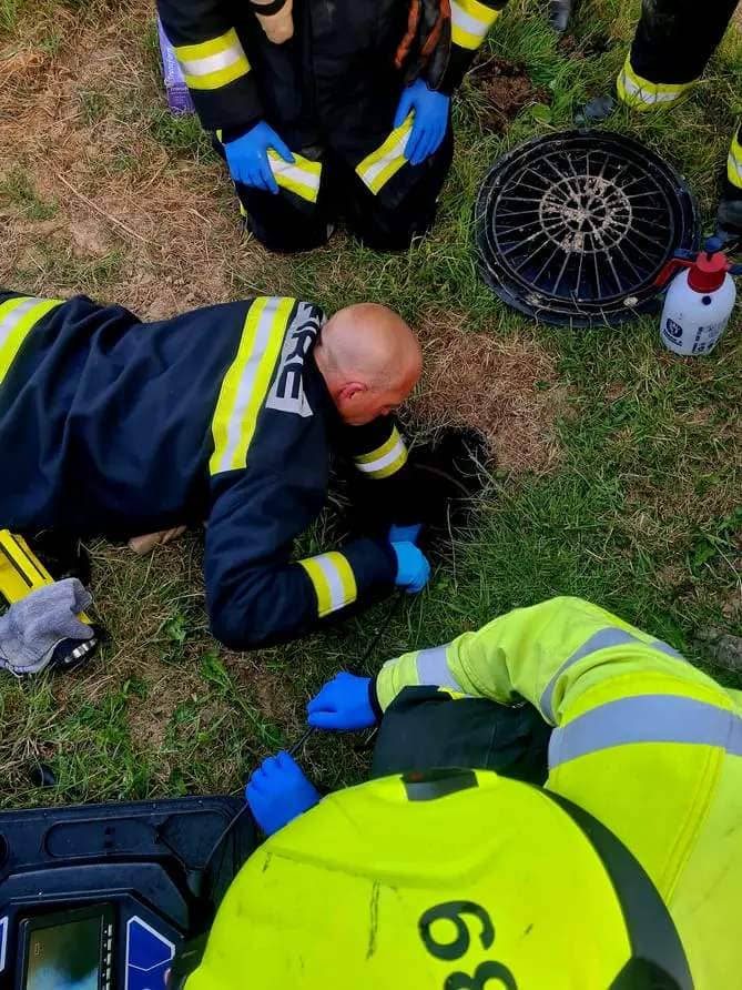 Firefighters from Buckfastleigh and Newton Abbot work together to rescue Spike the Jack Russell dog who was trapped down a sewer pipe.Picture: Buckfastleigh Fire Station (8-6-23)