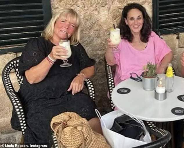 Loving life: In the sunny shots from their recent adventure, Linda and Lesley could be seen sipping on creamy cocktails and smiling while bottles of wine were being chilled