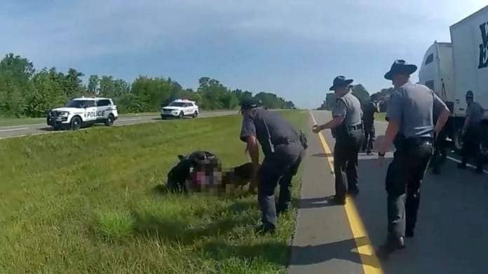 PHOTO: Video showing a police dog attacking and biting a suspect who had his hands up and was on his knees during a July 4, 2023, incident was released on July 21, 2023, by the Ohio State Highway Police.