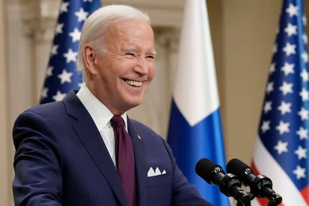 President Joe Biden smiles during a news conference with Finland&#39;s President Sauli Niinisto at the Presidential Palace in Helsinki, Finland, on July 13.