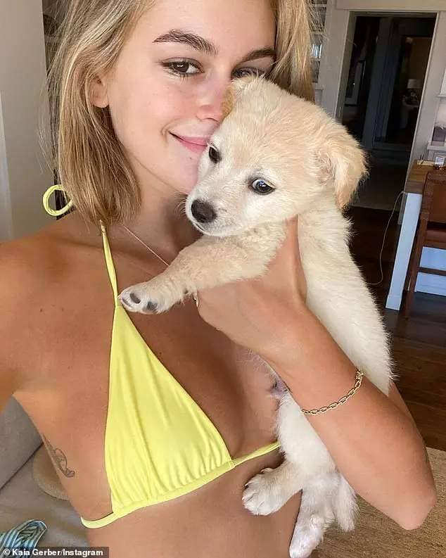 Milo: The first photo showed Kaia in a yellow bikini top snuggling close to a then-puppy Milo