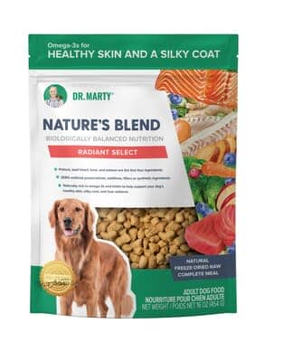 Nature's Blend Radiant Select is packed with delicious superfoods like flaxseed, apples, blueberries, cranberries, and ginger which are important for dogs' overall health. As with all of Dr. Marty Nature's Blend recipes, Radiant Select is made from whole foods only, meaning it is free of artificial vitamins & minerals, colors, and preservatives.
