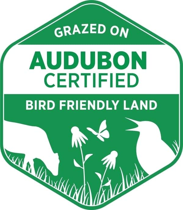 green seal that reads grazed on Audubon certified bird friendly land