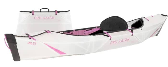 a pink and white foldable kayak 